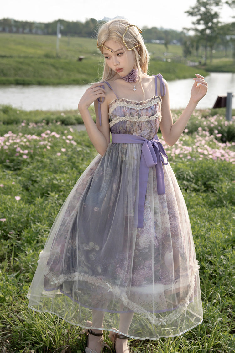Purple Oil Painting – In the Shade of Blossoming Trees Sleeveless Print Ruffle Bowknot Lace Sweet Lolita Jsk Dress