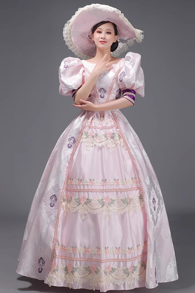 Pink European Court Short Sleeves Print Embroidery Cardigan Sweet Vintage Princess Victorian Dress
