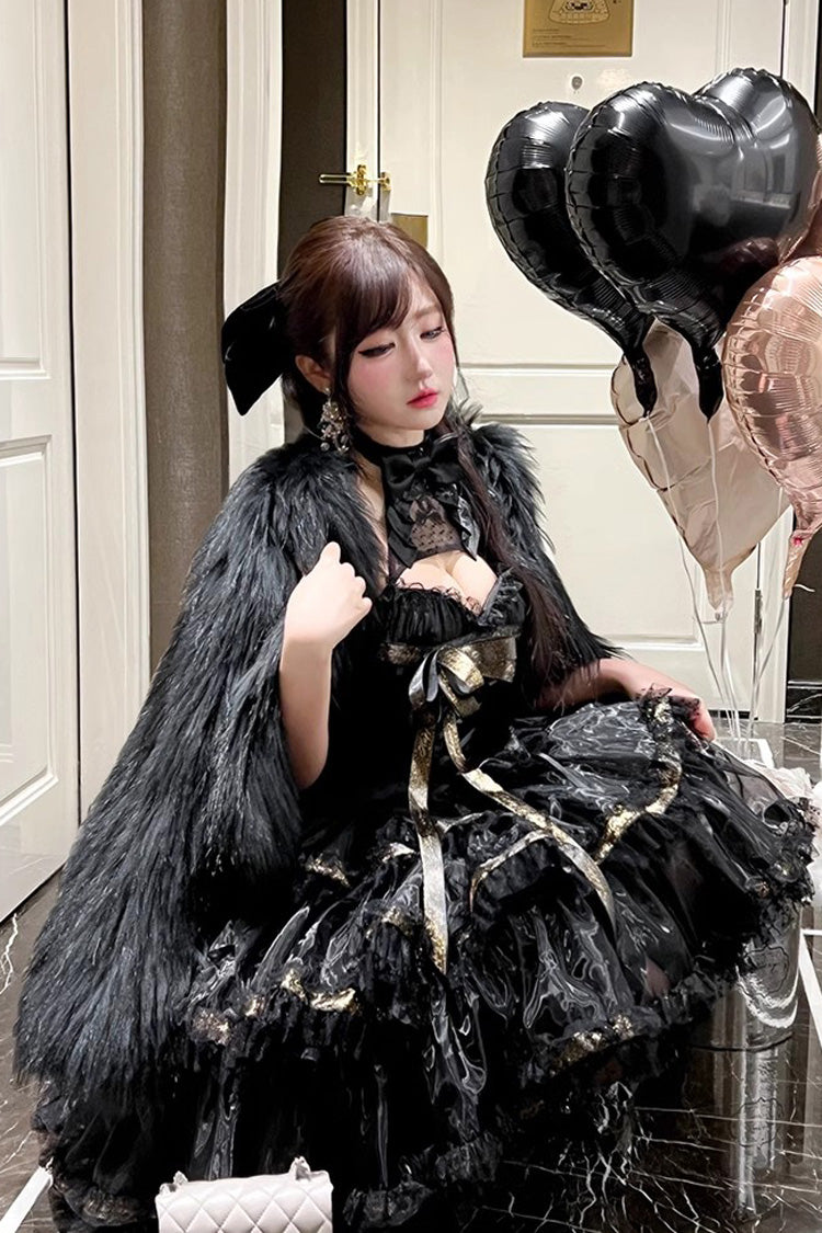 Black First Kiss Halterneck Triple-Layered Ruffle Lace Hot Stamping Gothic Princess Lolita Dress