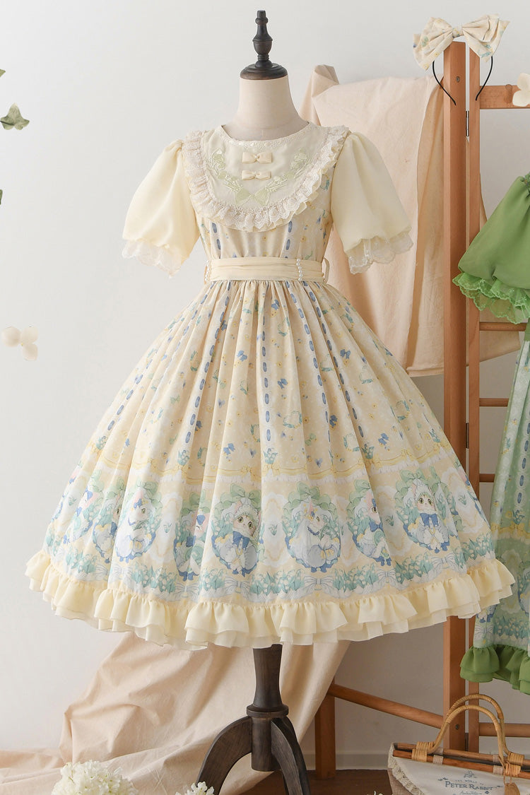 Beige Lily of the Valley Cat Print Ruffle Embroidery Bowknot Sweet Lolita Dress