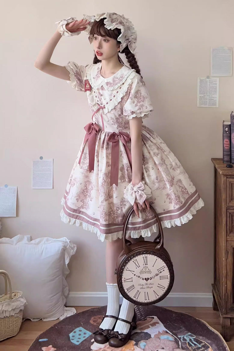 Smoky Purple Grape Moon Almanac Short Sleeves Multi-Layered Printed Ruffled Bow Sweet Lolita Dress
