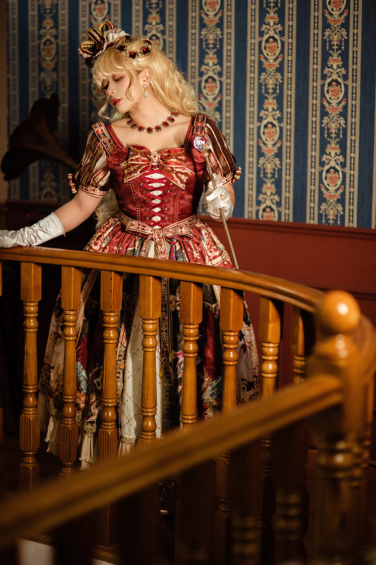 Red Kaleidoscope of Dreams Double-Layered Print Embroidery Bowknot Lace-Up Classic Vintage Gorgeous Lolita Dress