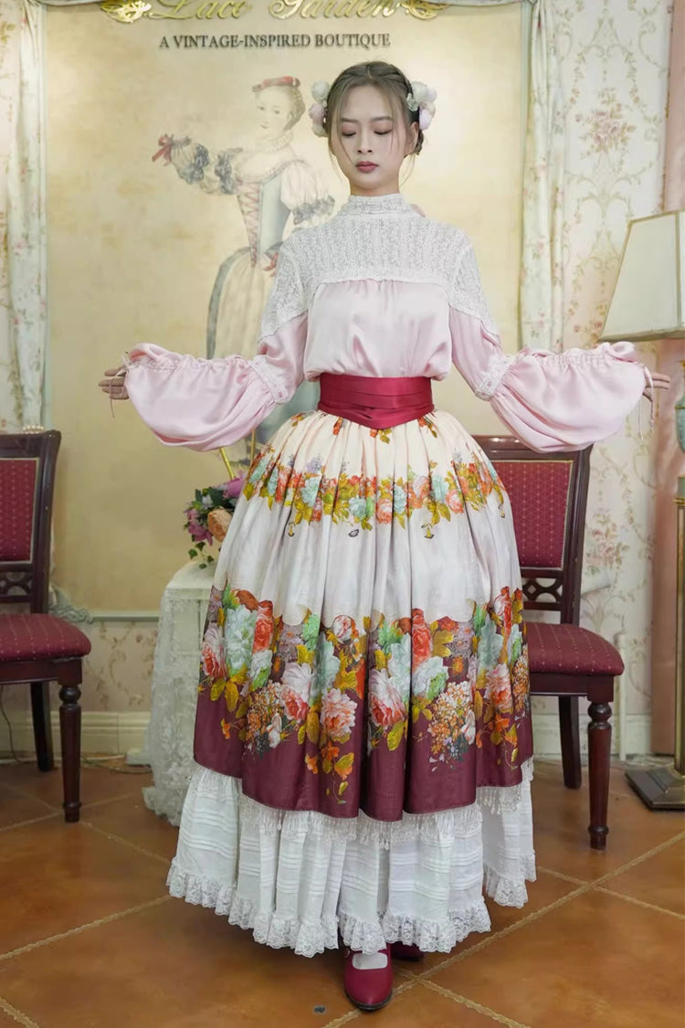 Red Rainy Season Garden Print Ruffle Sweet Classic Lolita Skirt