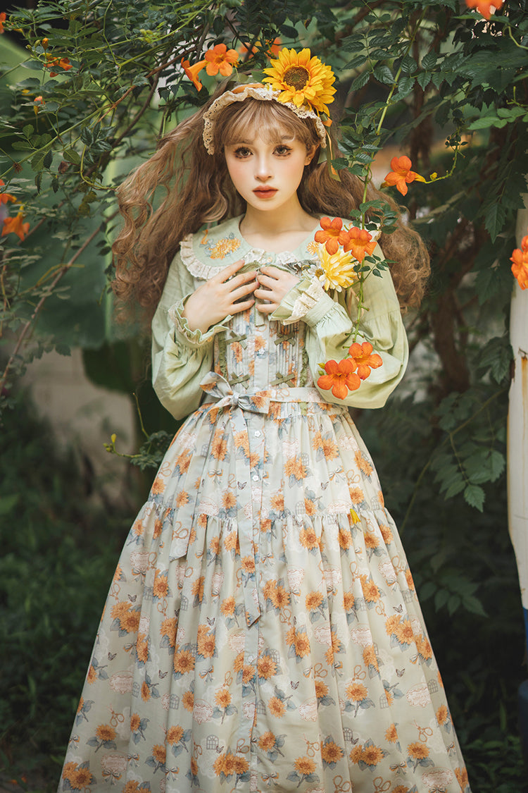 Green Gardening Sunflower Sleeveless Print Ruffle Bowknot Sweet Elegant Lolita Jsk Dress