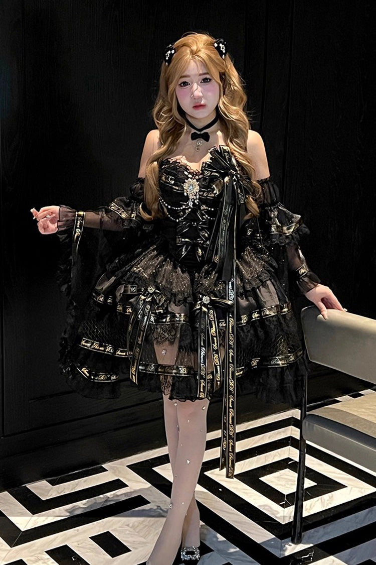 Black Golden Obsidian Night Sleeveless Double-Layered Ruffle Bowknot Pearl Gothic Princess Lolita Dress