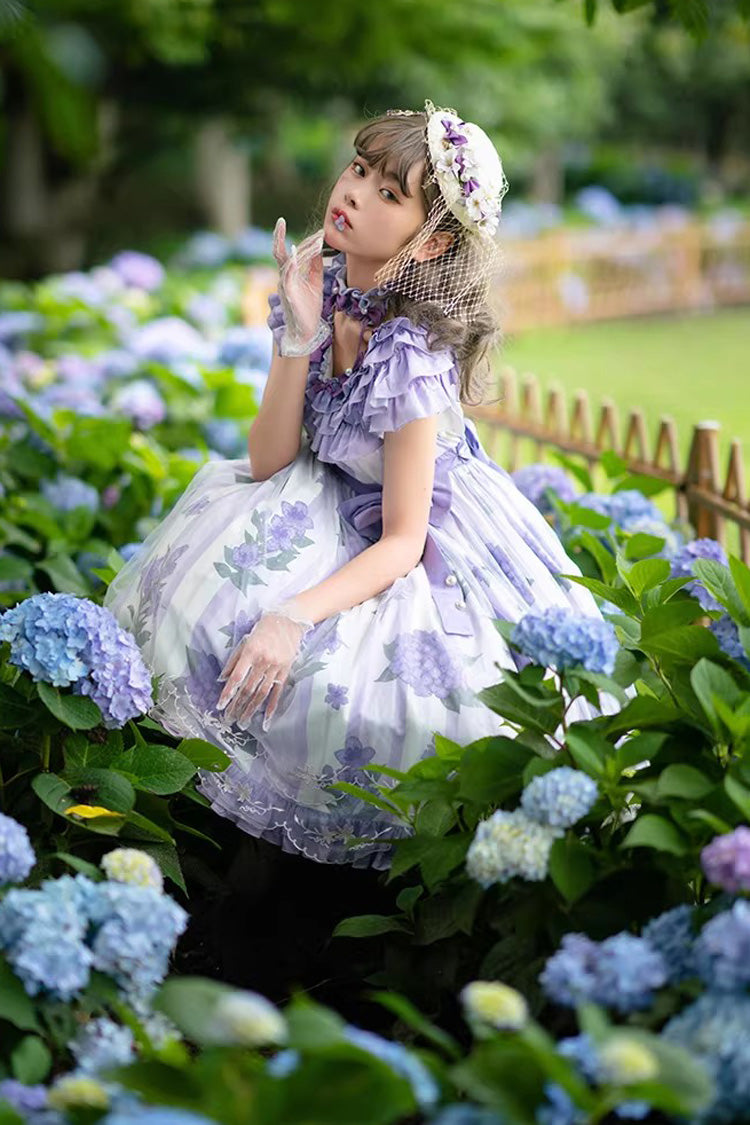 Purple Endless Summer Round Collar Sleeveless Hime Sleeves Printed Ruffled Bow Lace Sweet Lolita Dress