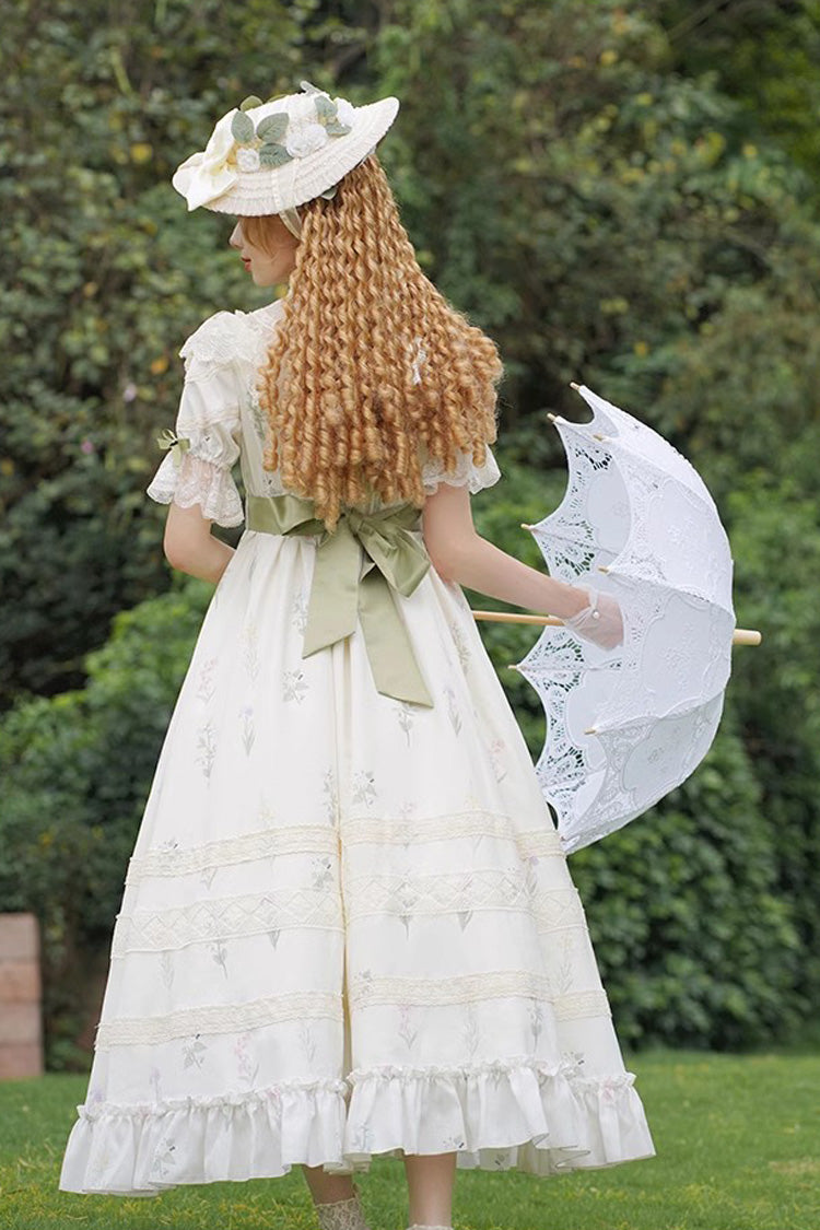 White/Green Letters and Poems to Austen Short Sleeves Print Hollow Lace Sweet Elegant Lolita Dress