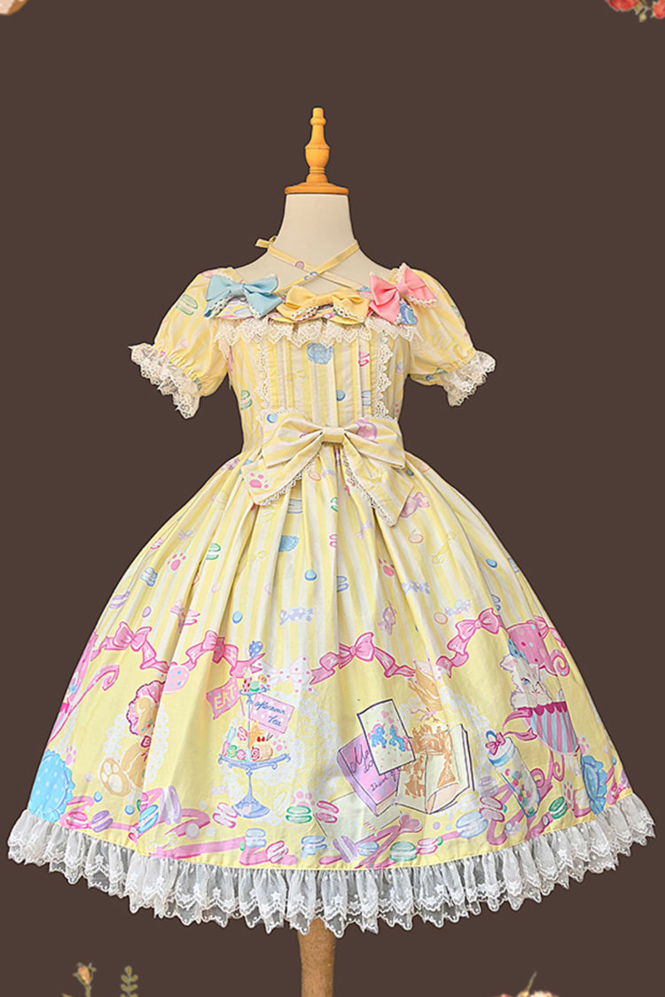 Macaron Dolly House Doll Collar Short Sleeves Print Bowknot Sweet Lolita Dress 3 Colors