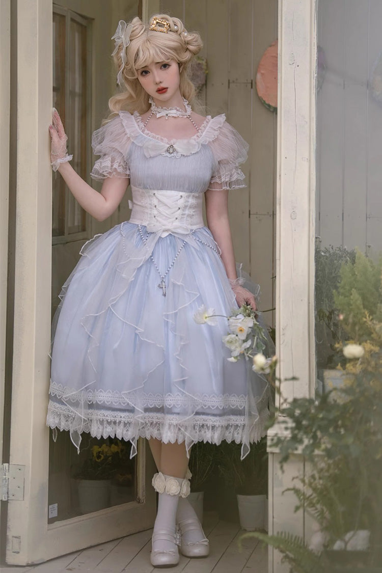 Blue Round Collar Mermaid Tears Short Sleeves Bowknot Sweet Princess Lolita Dress