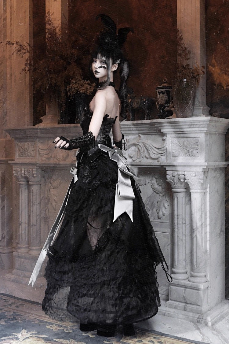 Black Cupid's Magic Box Basel French Ruffle Embroidery Bowknot Lace Gothic Elegant Lolita Long Skirt