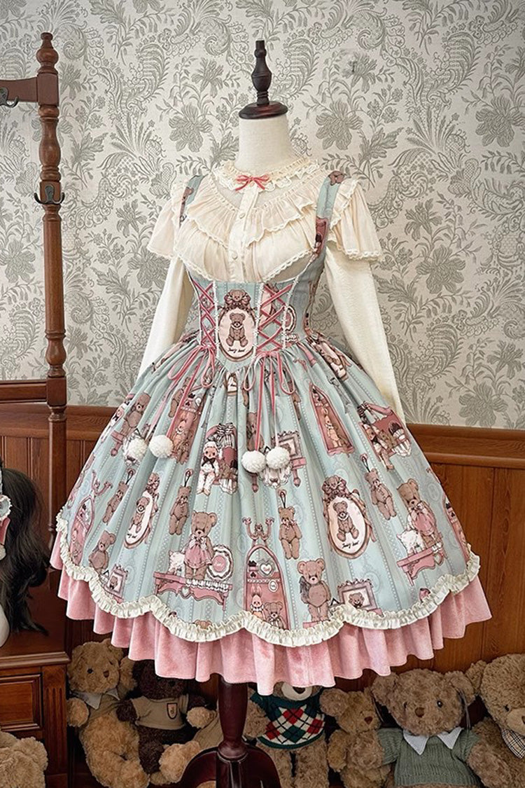 Pink/Green Bear Doll Wall Print Ruffle Embroidery Bowknot Sweet Corset Lolita Jsk Dress