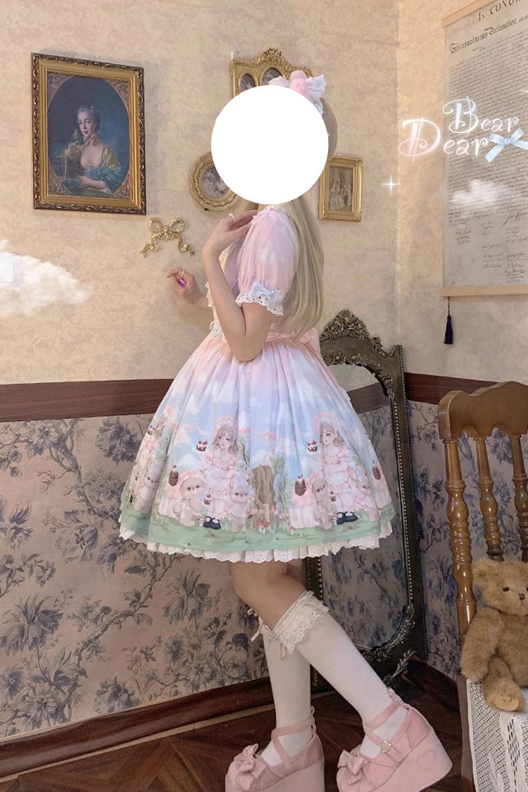 Multi-Color Neverland Manor Spring Bear Print Ruffle Bowknot Sweet Lolita Dress