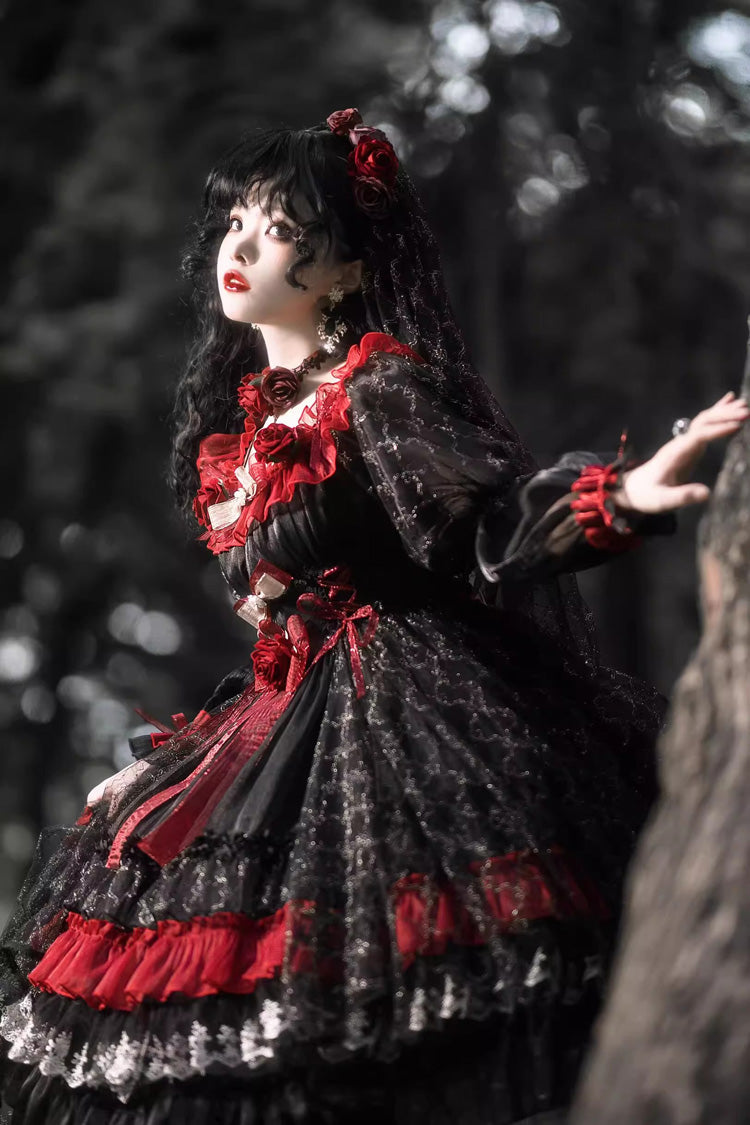 Black/Red Perlia's Night Long Puff Sleeves Ruffled Open-Front Bow Lace Gothic Lolita Dress