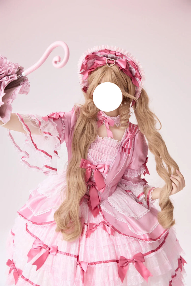 Pink Velvet Cake Long Trumpet Sleeves Multi-Layered Ruffle Bowknot Lace Sweet Lolita Dress