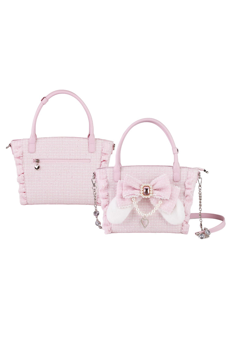 Sweet Ruffle Bowknot Zipper Pearl Chain Japanese Lolita Handbag 4 Colors