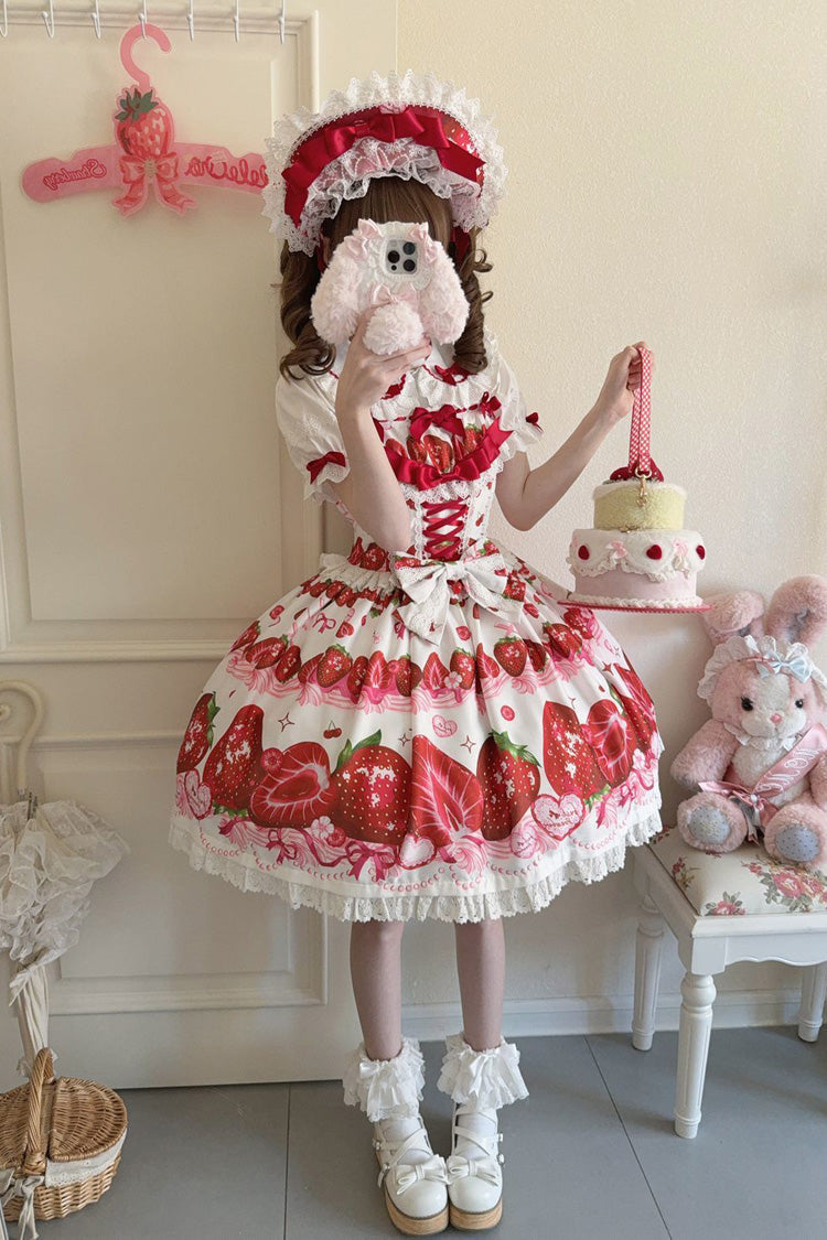Sweet Berry Tale Strawberry Print Ruffle Bowknot Lace Sweet Lolita Jsk Dress 4 Colors