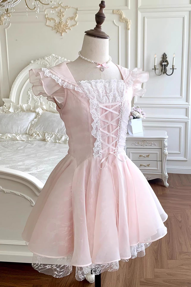 Pink Floral Letter Square Collar Ruffled Lace Lace-Up Sweet Princess Ballet Lolita Dress
