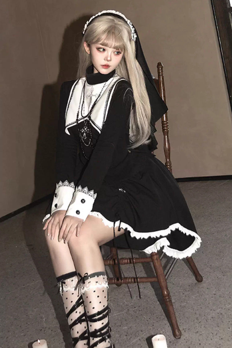 Black/White Peace Prayer Long Sleeves Ruffle Bowknot Asymmetric Gothic Lolita Skirt Set