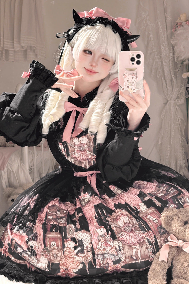 Black The Case of the Missing Lamb Print Ruffle Bowknot Lace Gothic Lolita SK Skirt