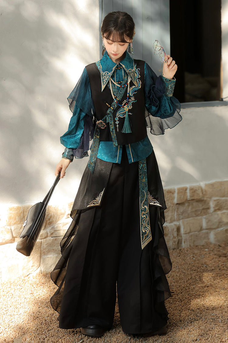 Black/Green Round Collar Long Sleeves Ruffle Embroidery Chinese Style Vintage Handsome Ouji Lolita Set