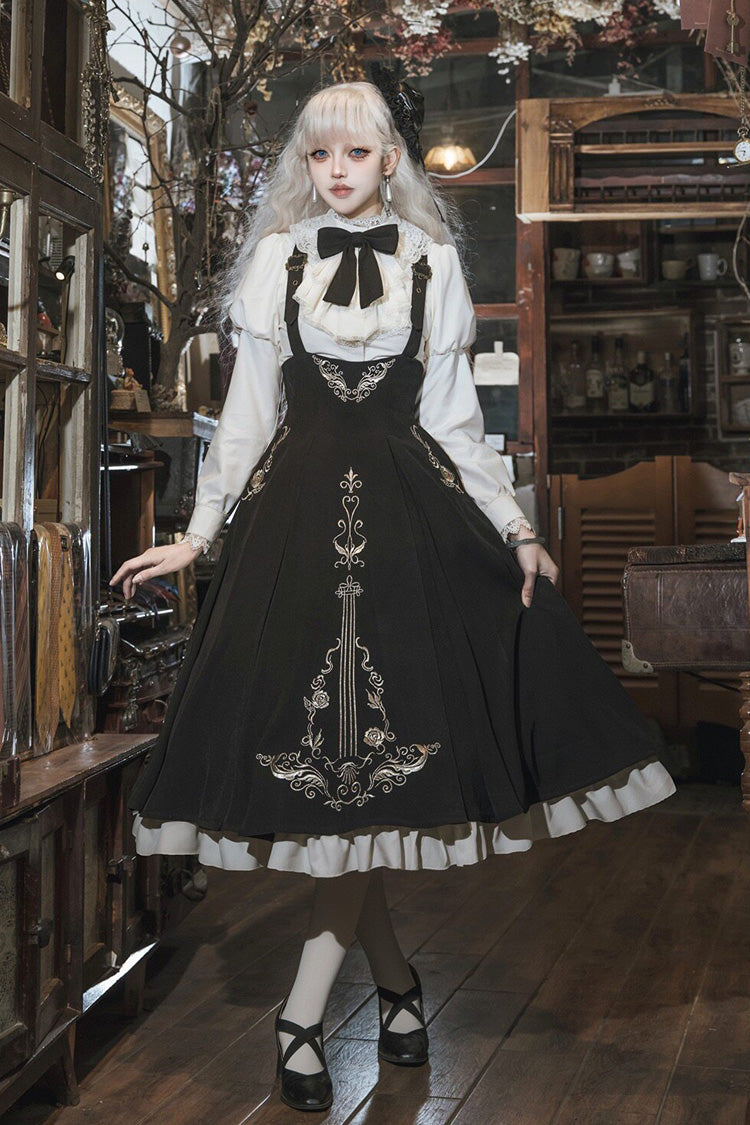 Black/White Violin Variations Ruffled Embroidered Gothic Lolita Jumper Dress Set