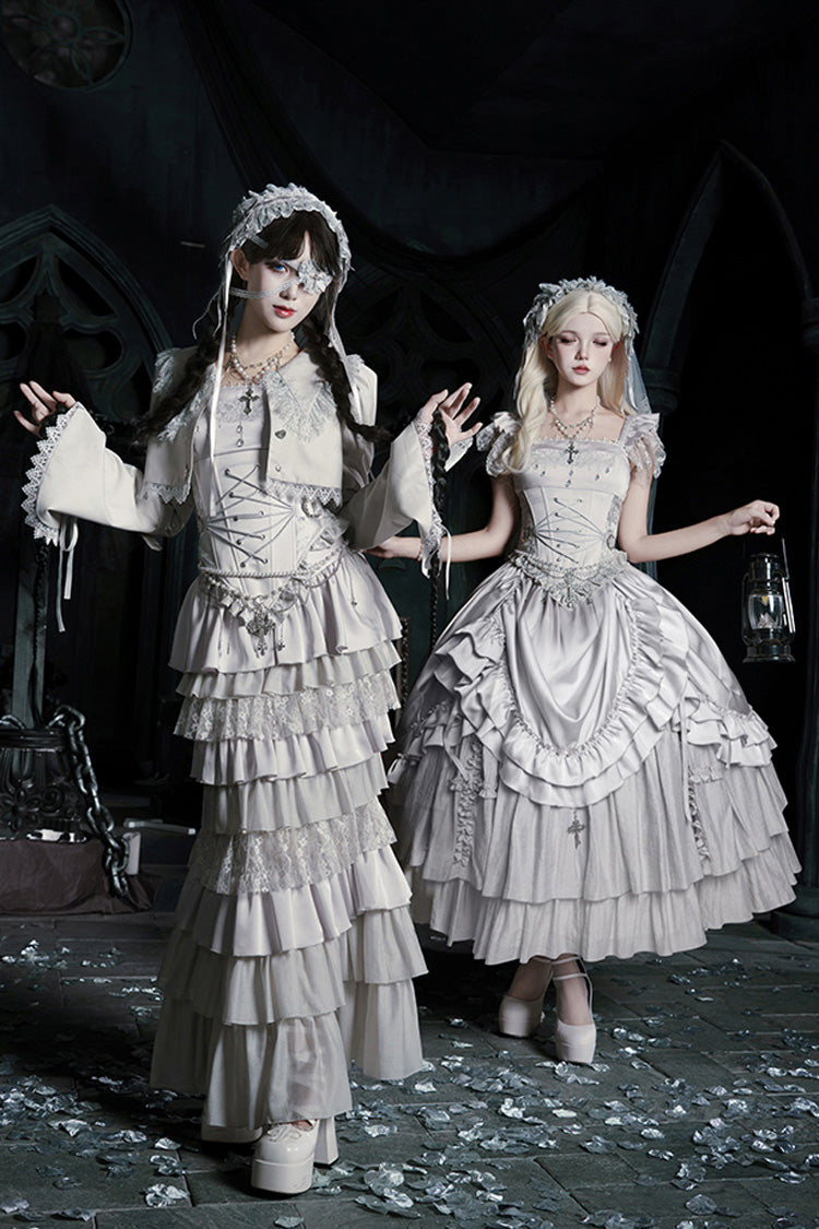Solid Color Bionic Doll Square Collar Multi-Layered Ruffle Bowknot Lace-Up Gothic Lolita Long Skirt Corset Set