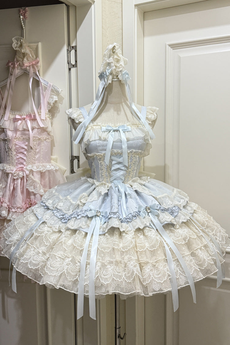 Blue Ribbon Heart Love Sleeveless Multi-Layered Ruffle Bowknot Lace Lace-Up Sweet Princess Ballet Lolita Jsk Dress