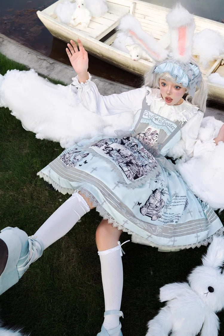 Light Blue Doll Theater Print Ruffle Lace Sweet Lolita Jsk Dress
