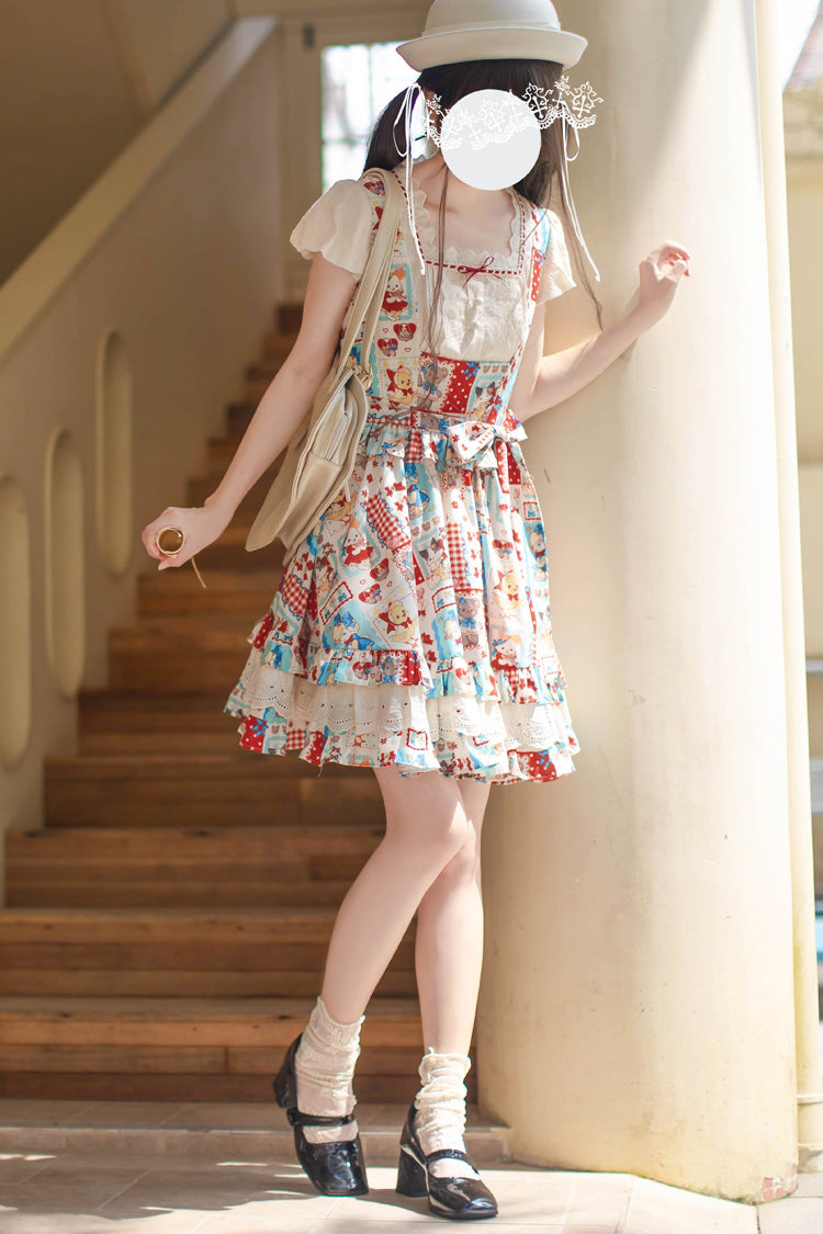 Multi-Color Linlang Painting Shop Sleeveless Multi-Layered Print Ruffle Sweet Vintage Lolita Jumper Dress