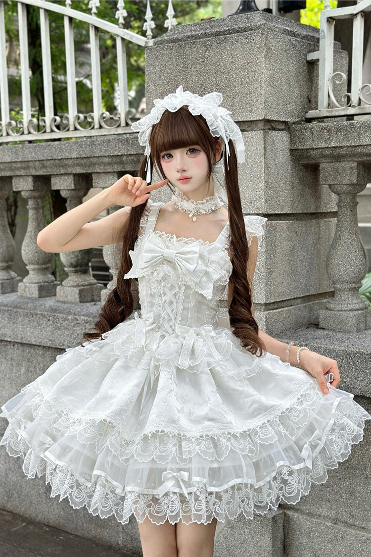 White Fleishi Island Sleeveless Ruffle Bowknot Lace Slim Sweet Ballet Lolita Jsk Dress