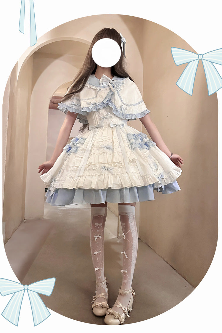 White/Blue Window Dolls Multi-Layered Ruffle Love Bowknot Sweet Princess Lolita Jsk Dress with Cape