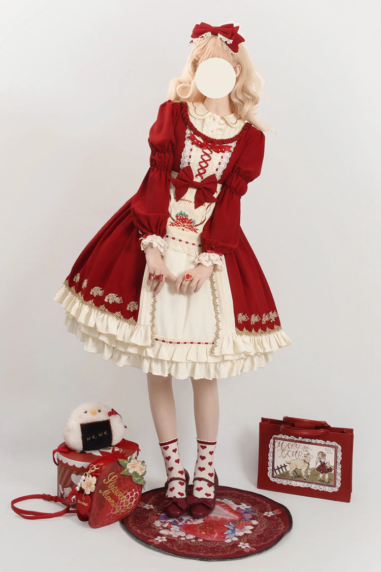Red Tochigi Girl Double-Layered Ruffle Embroidery Cardigan Sweet Lolita Dress Full Set