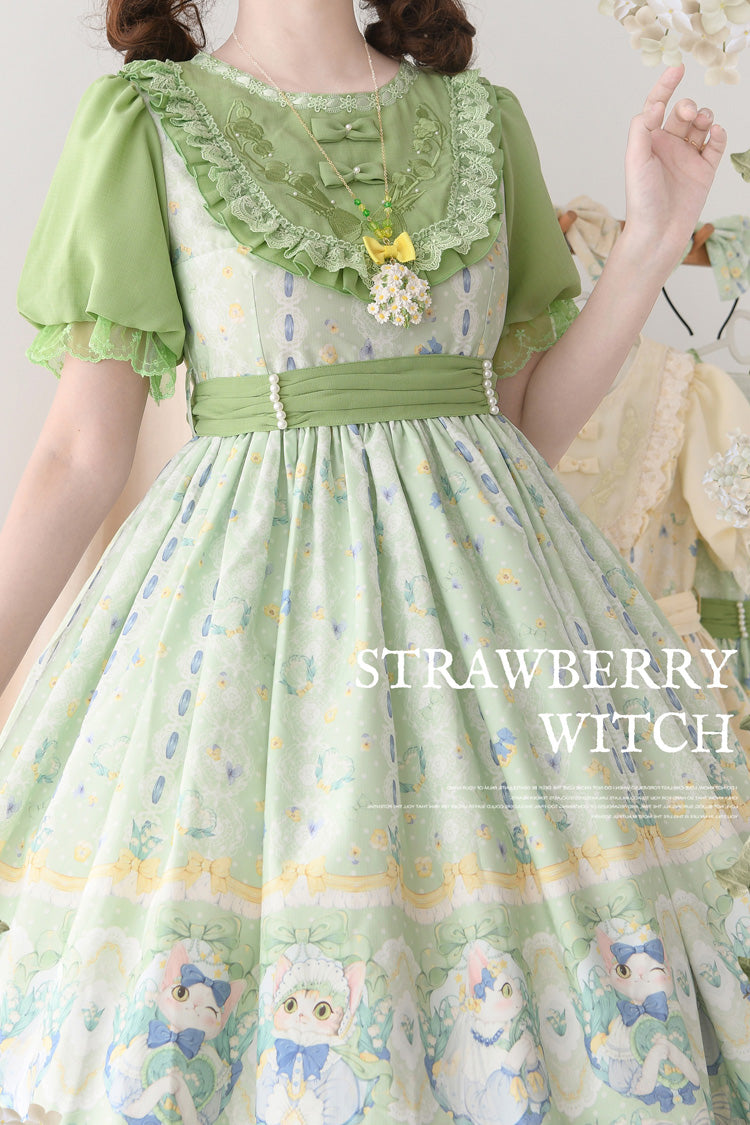Green Lily of the Valley Cat Print Ruffle Embroidery Bowknot Sweet Lolita Dress