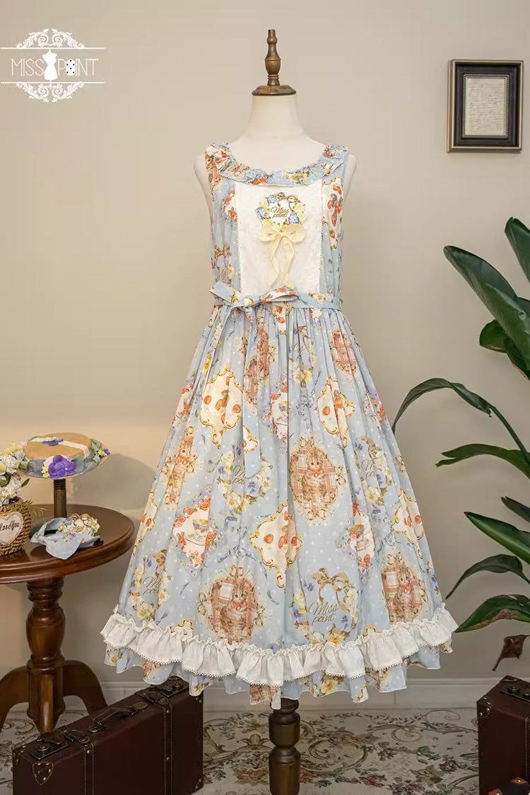 Cat Rose Tea Sleeveless Print Ruffle Bowknot Sweet Lolita Jumper Dress 3 Colors