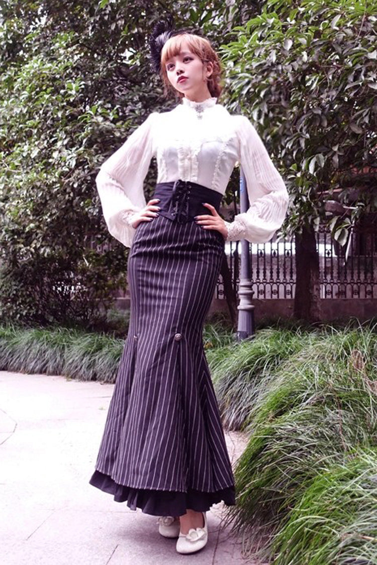 Black Lorelei Double-Layered Striped Print Ruffle Gothic Elegant Lolita Mermaid Maxi Skirt