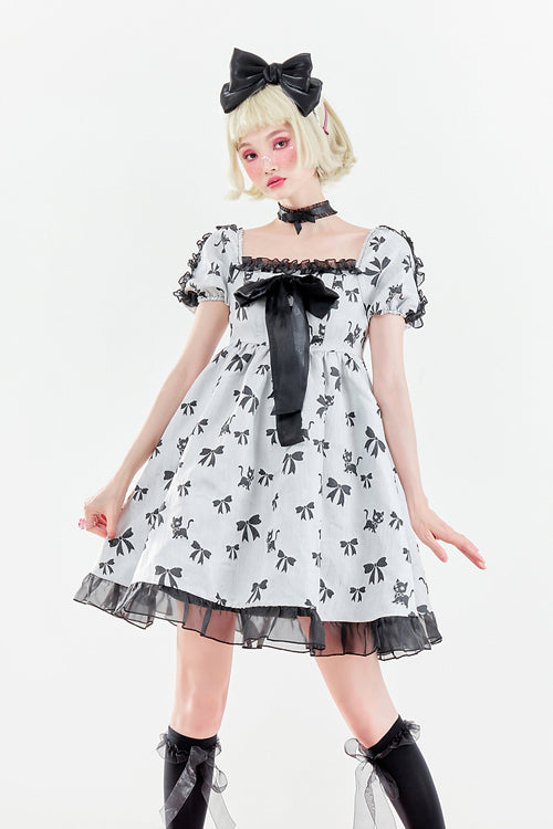 White Square Neckline Butterfly Print Short Sleeves Fungus Ruffled Sweet Lolita OP Dress