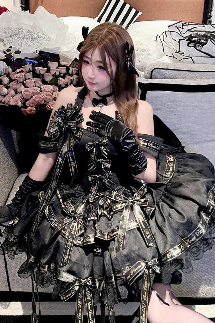 Black Young Lady Halterneck Sleeveless Multi-Layered Ruffle Bowknot Elegant Princess Gothic Lolita Dress