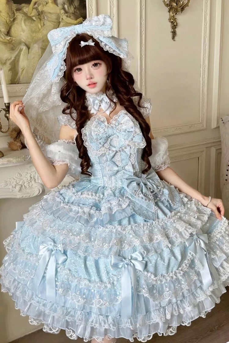 Blue Dream of the Misty Moon Sleeveless Multi-Layered Ruffled Bow Lace Pearl-Decorated Sweet Princess Lolita Jsk Dress