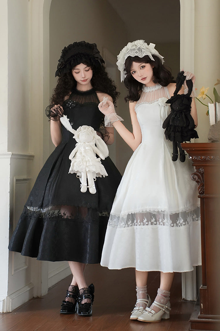 Black Flowers in the Mist Off Shoulder Halterneck Print Ruffle Gothic Elegant Lolita Dress
