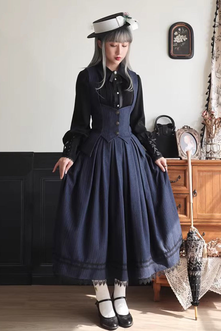 Blue Griffin's Pact Striped Printed Ruffled Gothic Lolita Skirt Vest Set