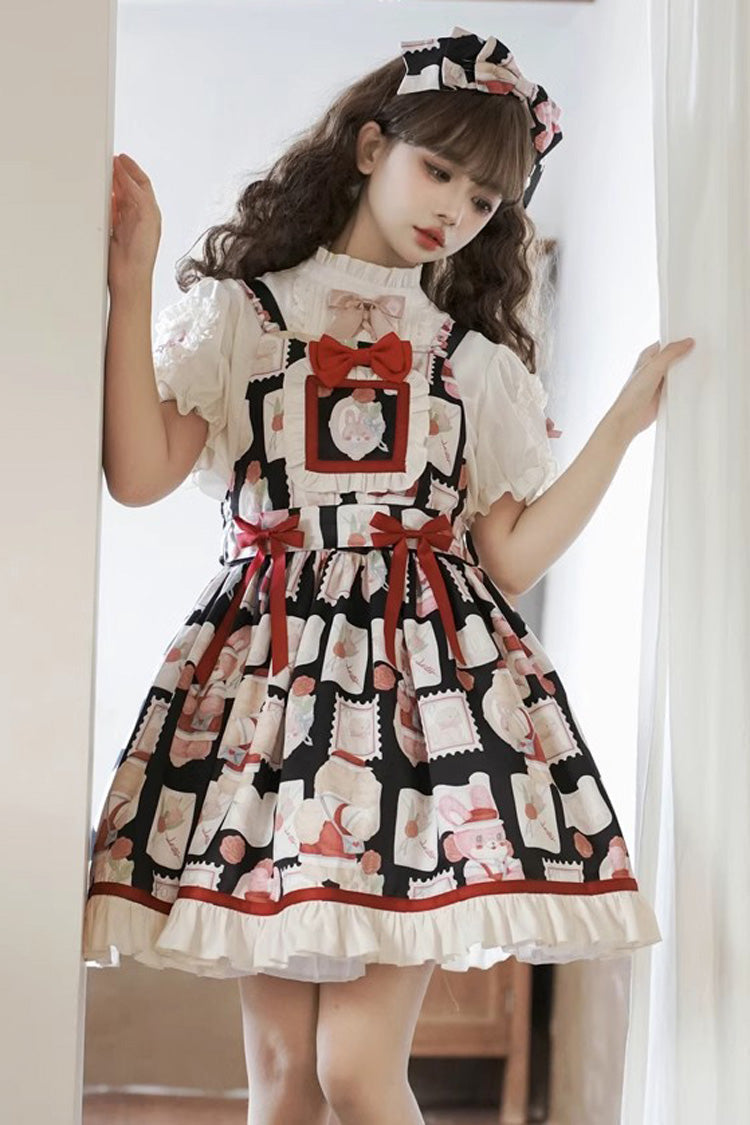 Black Letter from Showa Rabbit and letter Print Ruffle Bowknot Sweet Princess Lolita Strap Dress