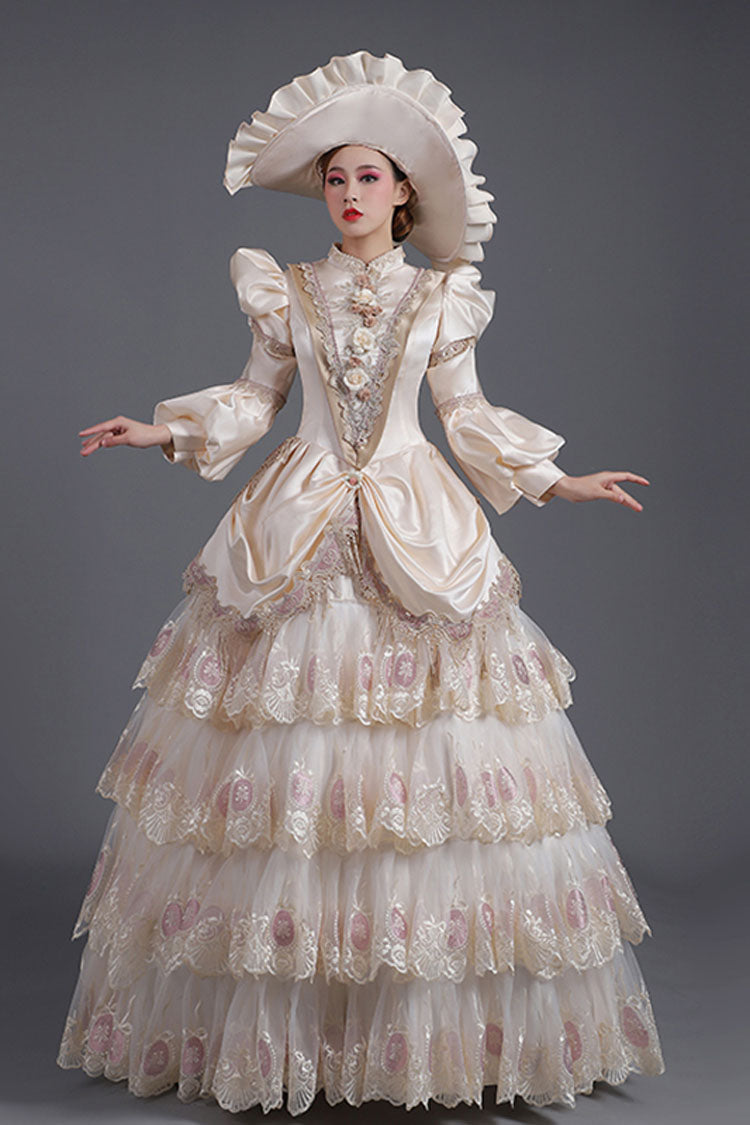 Champagne Lantern Sleeves High Waisted Three Dimensional Flower Print Victorian Lolita Prom Tiered Dress