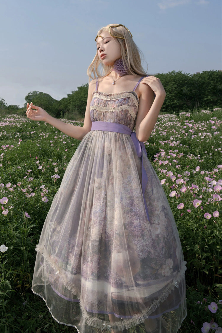 Purple Oil Painting – In the Shade of Blossoming Trees Sleeveless Print Ruffle Bowknot Lace Sweet Lolita Jsk Dress