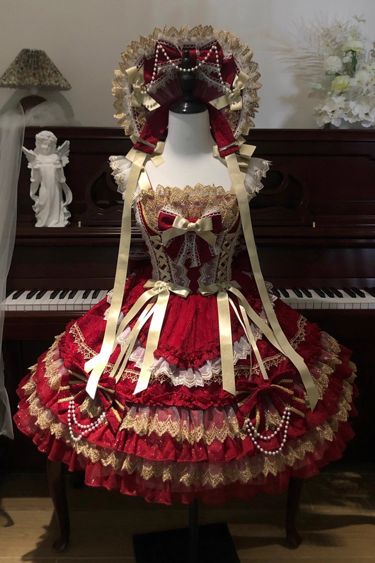 Red Gilded Memories Sleeveless Double-Layered Ruffle Hot Stamping Bowknot Lace Sweet Lolita Jsk Dress