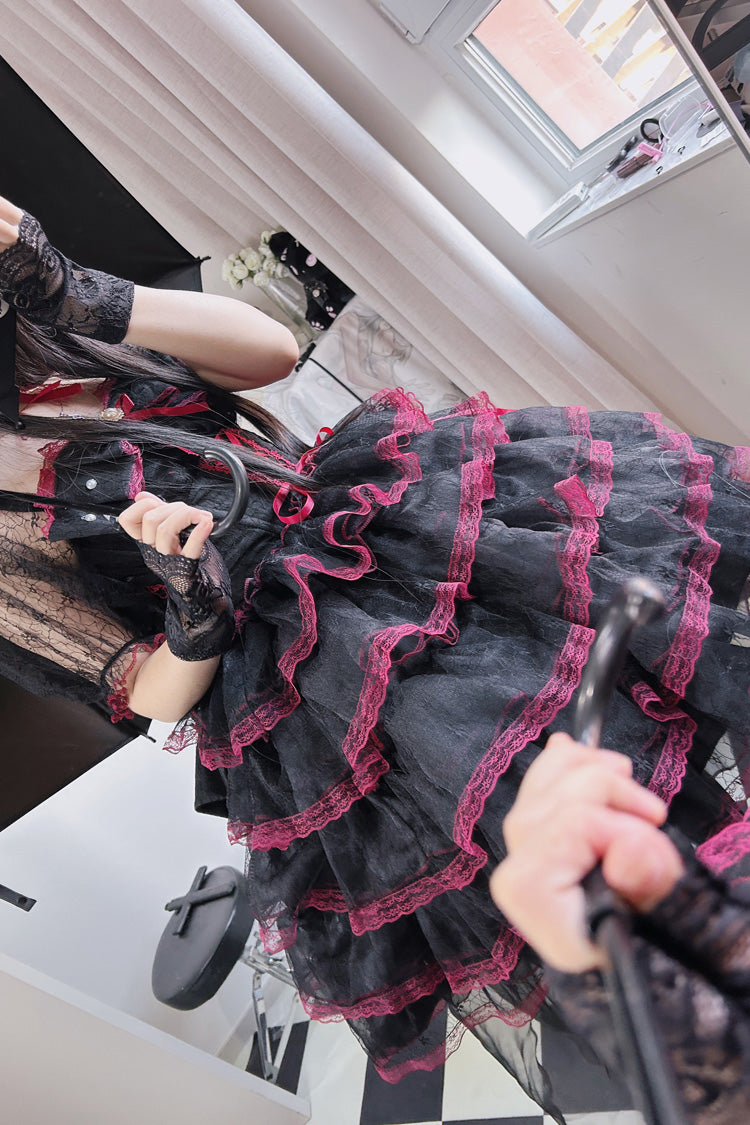Black/Red Short Sleeves Multi-Layered Ruffle Hanayome Bowknot Lace Plus Size Sweet Lolita Dress (Short Version)