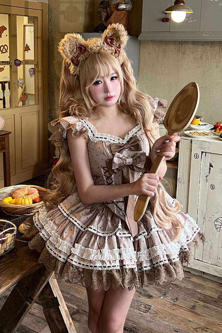 Brown Coco Ballet Sleeveless Double-Layered Bow Lace Lace-Up Sweet Princess Ballet Lolita Jsk Dress