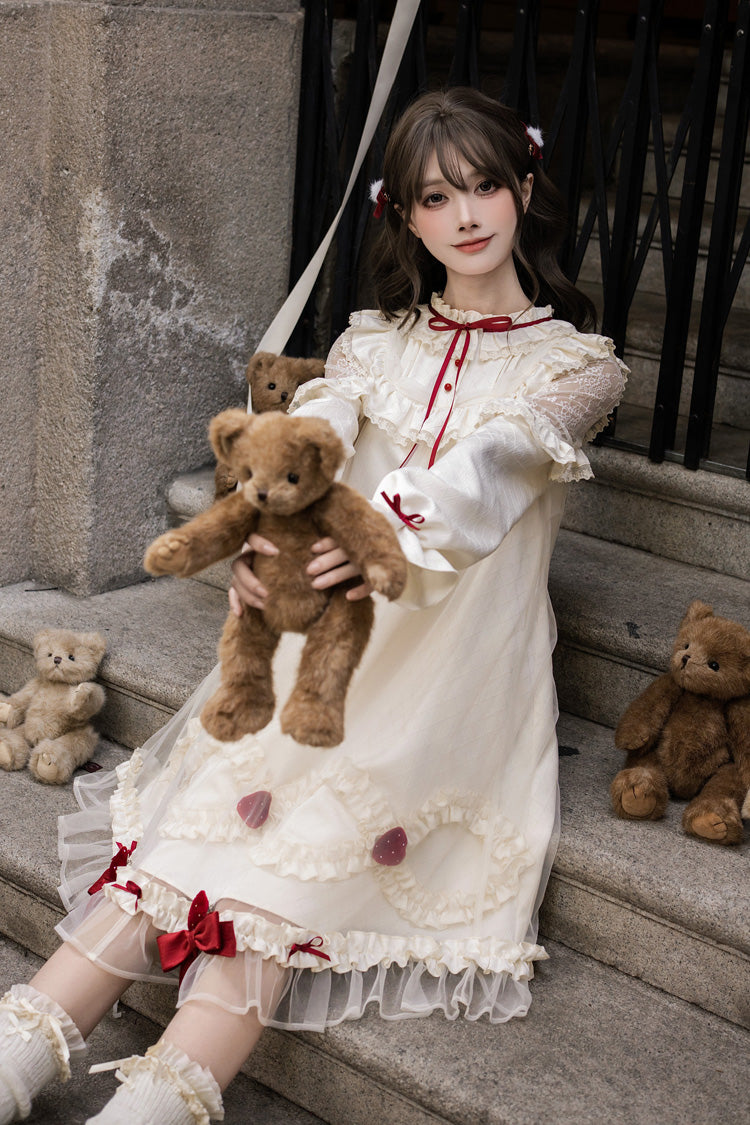 Ivory Strawberry Cream Cake Stand Collar Long Sleeves Ruffled Bow Lace Sweet Lolita Dress