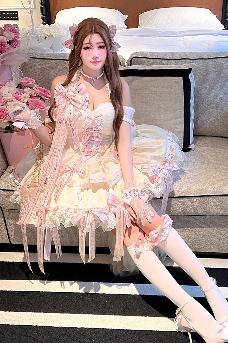Pink Young Lady Halterneck Sleeveless Multi-Layered Ruffle Bowknot Elegant Princess Sweet Lolita Dress