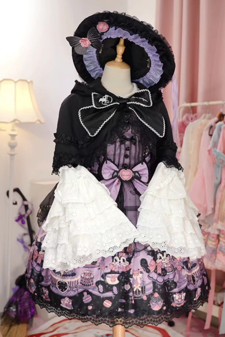 Purple Devil Cat Print Ruffle Bowknot Lace Gothic Lolita Jsk Dress (Plus Size Support)