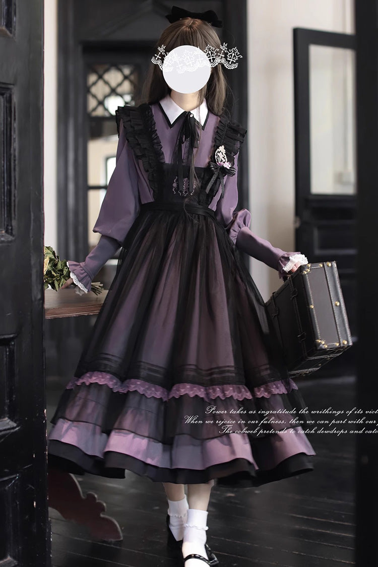 Black Witch Academy Double-Layered Ruffle Embroidery Bowknot Mesh Sweet Elegant Lolita Jumper Dress